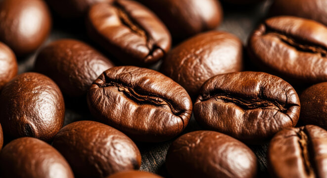 A close-up of coffee beans on a wooden surface.