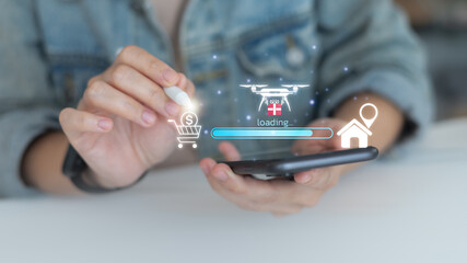 Customer using smartphone with e-commerce icon, drone delivery, and smart logistics concept for online shopping, fast shipping, and last mile delivery technology.