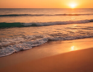 A beautiful Mediterranean tropical beach background, with light red and yellow shades of water at sunset.