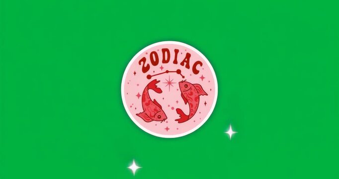 Pink zodiac disk appearing and spinning 360&deg; against transparent backdrop, sparkles looping