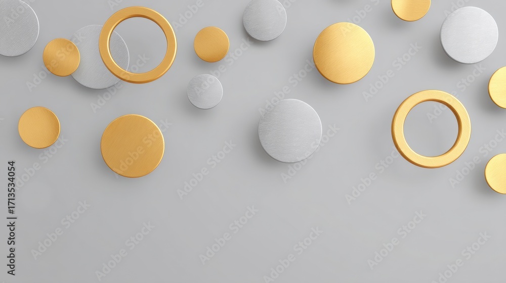 Poster a modern abstract design featuring various gold and silver circles on a light gray background, creat