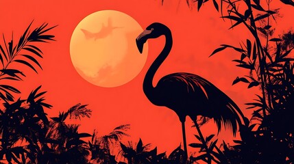 Fototapeta premium Flamingo silhouette standing in jungle with sunset orange sky and tropical background