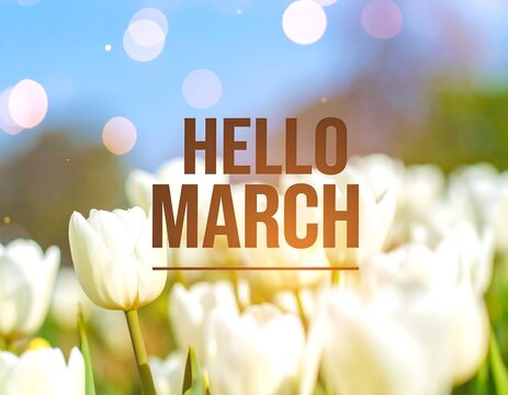 Spring greeting with white tulips and bokeh