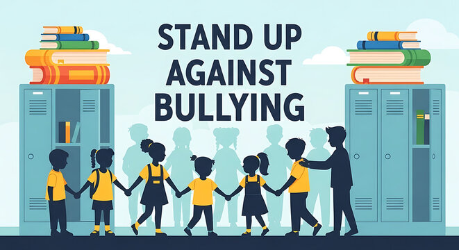 Children holding hands in front of lockers with books stacked on top, promoting the message 'Stand Up Against Bullying'.