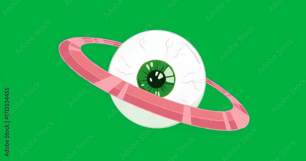 Poster on start, pink ring rotating clockwise around stylized eyeball showing orbital loop on transparent