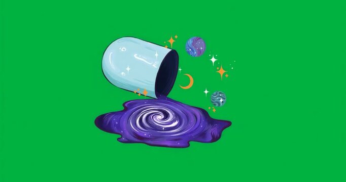 Upon capsule tipping spilling liquid creating galaxy with planets and stars visualizing cosmos