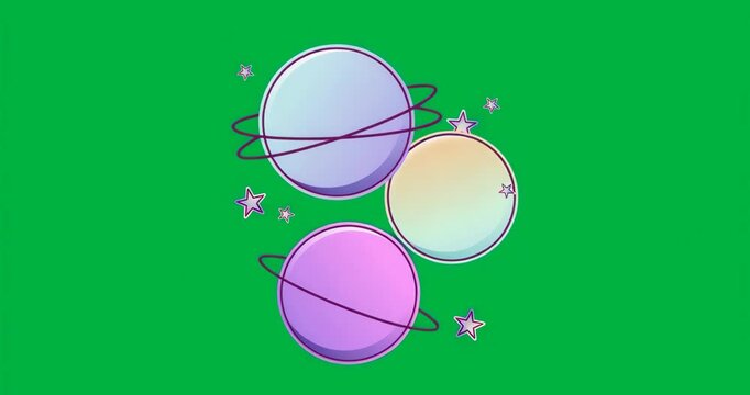 At frame one, trio ringed spheres pulsing glow shifting glitch looping over transparent background