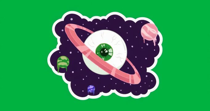 Loading central cosmic eyeball orbiting dripping mini-planets visualizing playful space theme