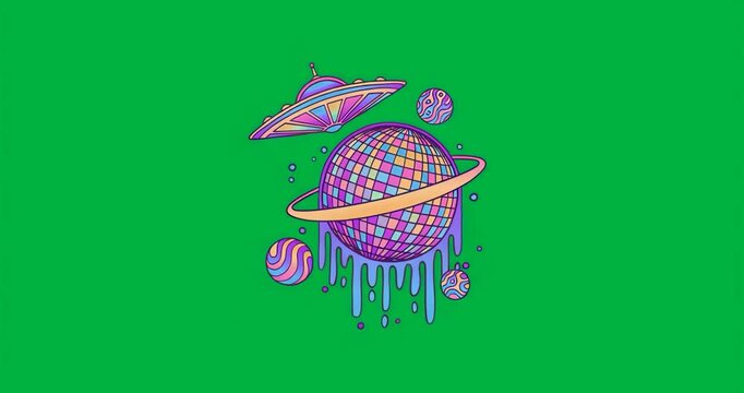 Glitching neon UFO hovering over dripping disco-ball planet, orbiting planets on transparent canvas