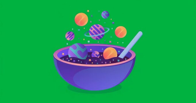 Stirring under purple bowl sending planets drifting on transparent background depicting cosmic soup