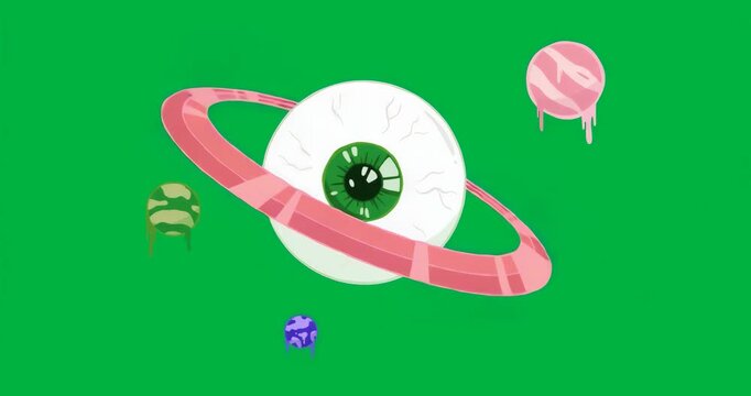 Ring rotating carrying dripping planets orbiting eyeball orb visualizing orbit on transparent void