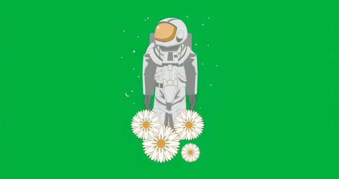 Daisy ring forming at astronaut waist glowing and guiding astronaut raising arms and balancing