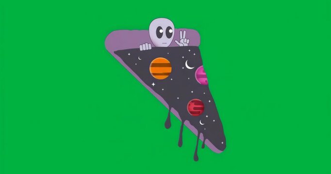 Glitch causing figure peeking over panel showing peace sign, revealing planets on clear background