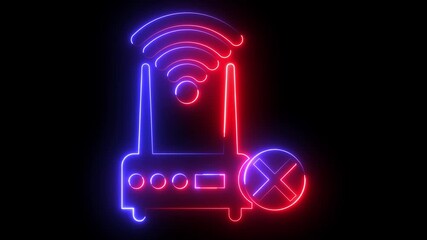 WI-FI router with cross icon animation glowing neon red blue color wireless network no signal error connection problem internet broadband sign symbol on black background - Powered by Adobe