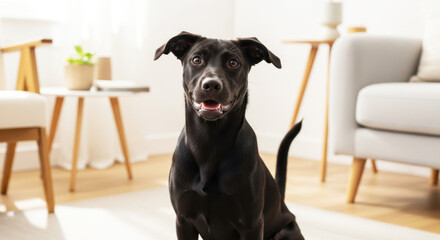 A black dog sitting in a living room with a white couch and wooden floor.