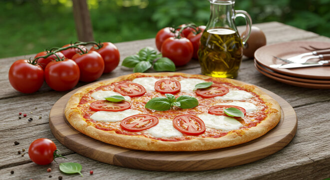 Delicious Margherita Pizza with Fresh Tomatoes and Basil on a Wooden Table.