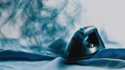 A close-up of a steam iron releasing vapor over wrinkled fabric, highlighting the appliance's sleek design and the smoothing process of ironing clothes.