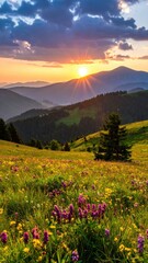 Fototapeta premium Serene Sunset Over Mountain Landscape with Vibrant Flower Field