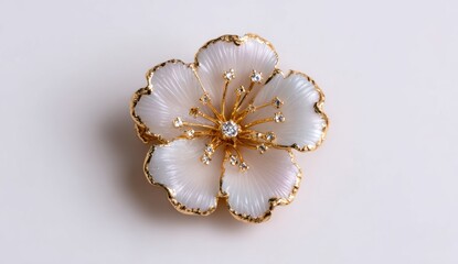 Delicate Off White Flower Brooch with Gold Accents and Diamonds