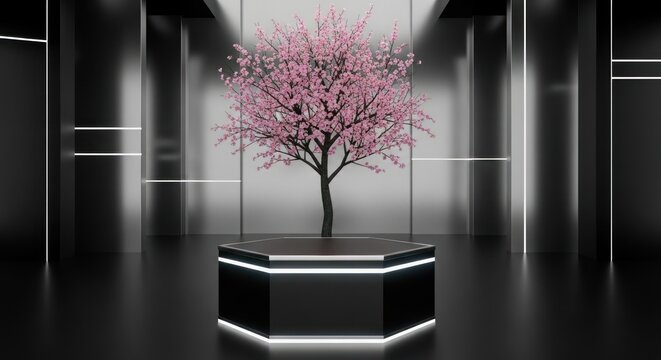 A pink cherry blossom tree stands on a black hexagonal platform in a modern, minimalist room with neon lighting