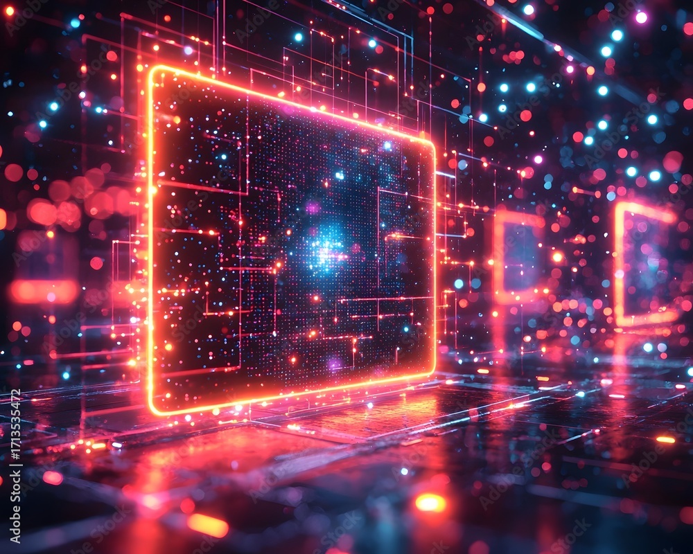 Poster futuristic digital interface glowing with neon lights against a background of data and particles