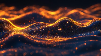 Glowing orange digital wave abstract technology visualization, futuristic data flow network concept