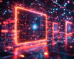 Futuristic digital interface glowing with neon lights against a background of data and particles