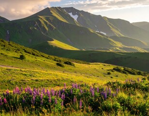 Obraz premium Vibrant Wildflowers Against Majestic Mountain Landscape at Dawn