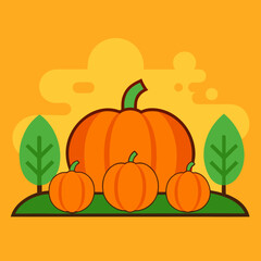Vibrant autumn scene with pumpkins and green trees on a sunny day