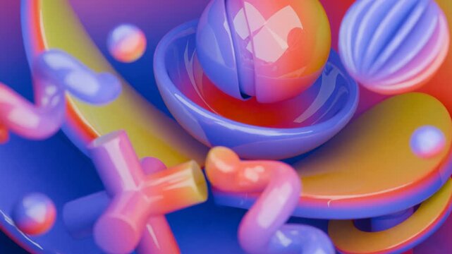 Glossy 3d geometric shapes arranged dynamically. Vibrant colors create a visually stimulating backdrop for design projects, presentations, and websites.