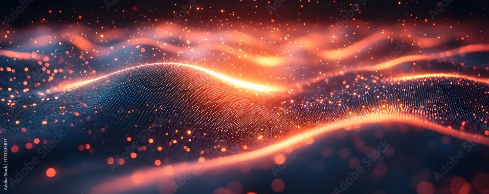 Poster abstract digital waves of glowing particles and light flow across a dark futuristic background
