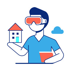 Person wearing vr headset explores a virtual house and cloud data