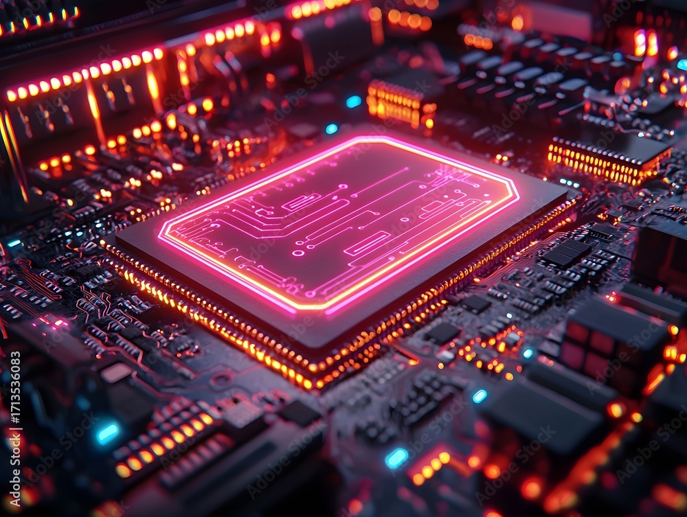 Poster close up of a glowing computer chip with illuminated circuits and neon lights representing digital t