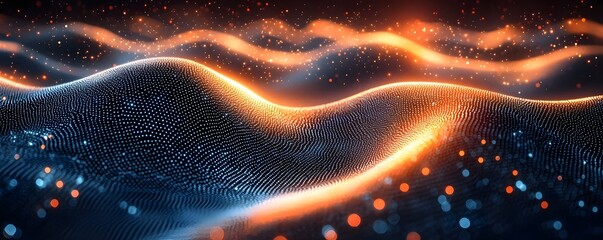 Abstract digital waves of glowing orange and blue particles flow through a dark futuristic network representing data and energy
