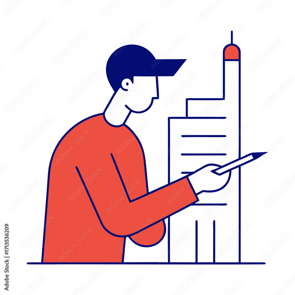 Poster man in a cap writing on a tall paper document with a pen