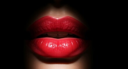 Fototapeta premium Close-Up of Glossy Red Lips on Black Background