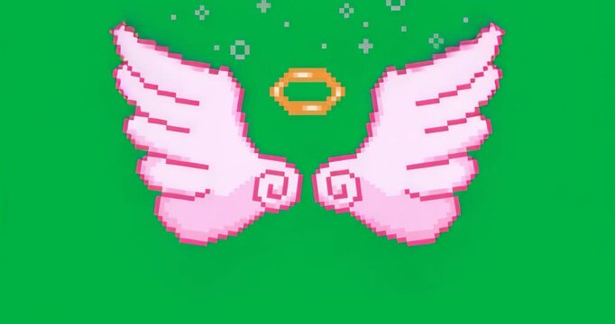 Looping pixel wings and hovering halo as sparkles flickering for angelic glow on clear background