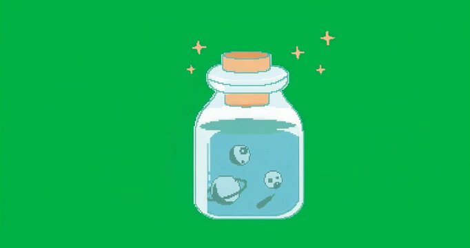 sparkles pulsing forming halo around jar highlighting celestial bodies on transparent background