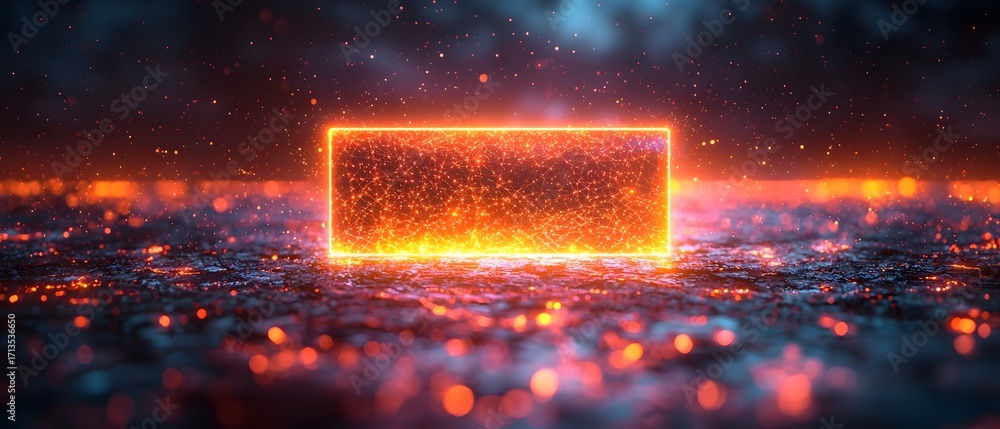 Poster a glowing neon rectangle filled with shimmering particles hovers over a dark sparking surface with a