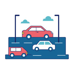 Fototapeta premium Stylized illustration of cars driving on a multi level highway with streetlights and clouds