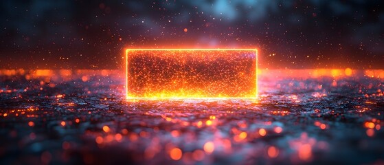 A glowing neon rectangle filled with shimmering particles hovers over a dark sparking surface with a futuristic technological atmosphere