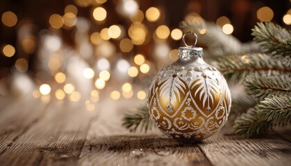 Elegant Gold Christmas Ornament with Evergreen Branches on Rustic Wood