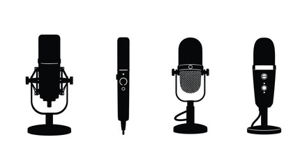 Vintage and modern microphones and pen set for recording podcasts and writing stories vector