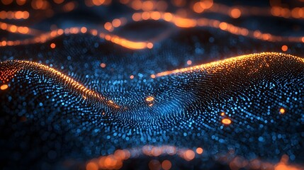Futuristic abstract waves of glowing blue and orange particles symbolizing digital data flow networks and quantum internet connections