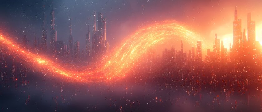 A vibrant swirling stream of orange and red energy particles connects two futuristic city skylines under a dark cosmic atmosphere
