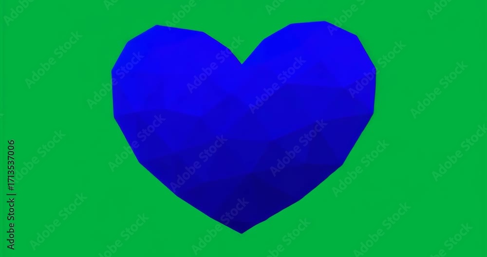 Poster On start, polygonal blue heart rotating slowly left then right, showcasing faceted form for display