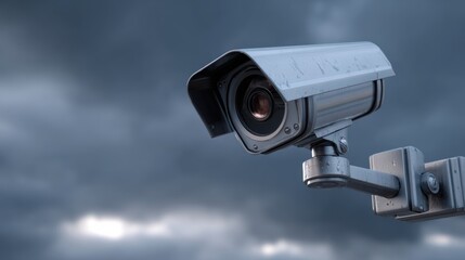 A close-up of a surveillance camera against a dramatic sky, highlighting security and monitoring technology.