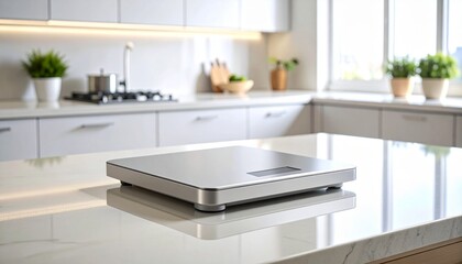 A sleek, modern digital kitchen scale resting on a pristine white countertop in a bright, contemporary kitchen.