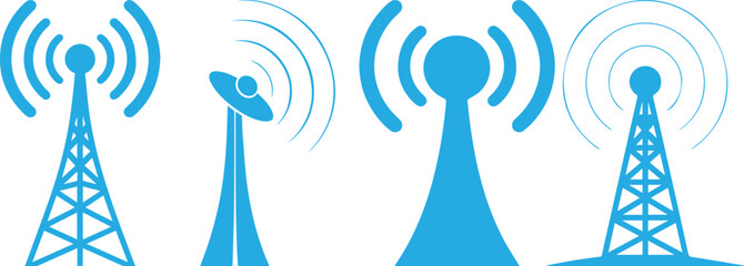 Vector illustration of communication towers and antennas transmitting wireless signals, representing telecom, internet, broadcast, mobile network, and digital technology connection concepts.