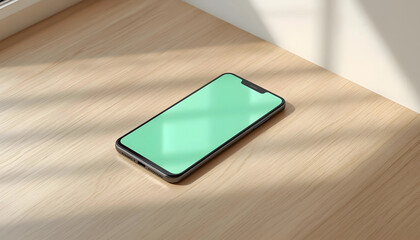 Minimalist Styled Green Screen Smartphone Device Mockup on a Wooden Surface